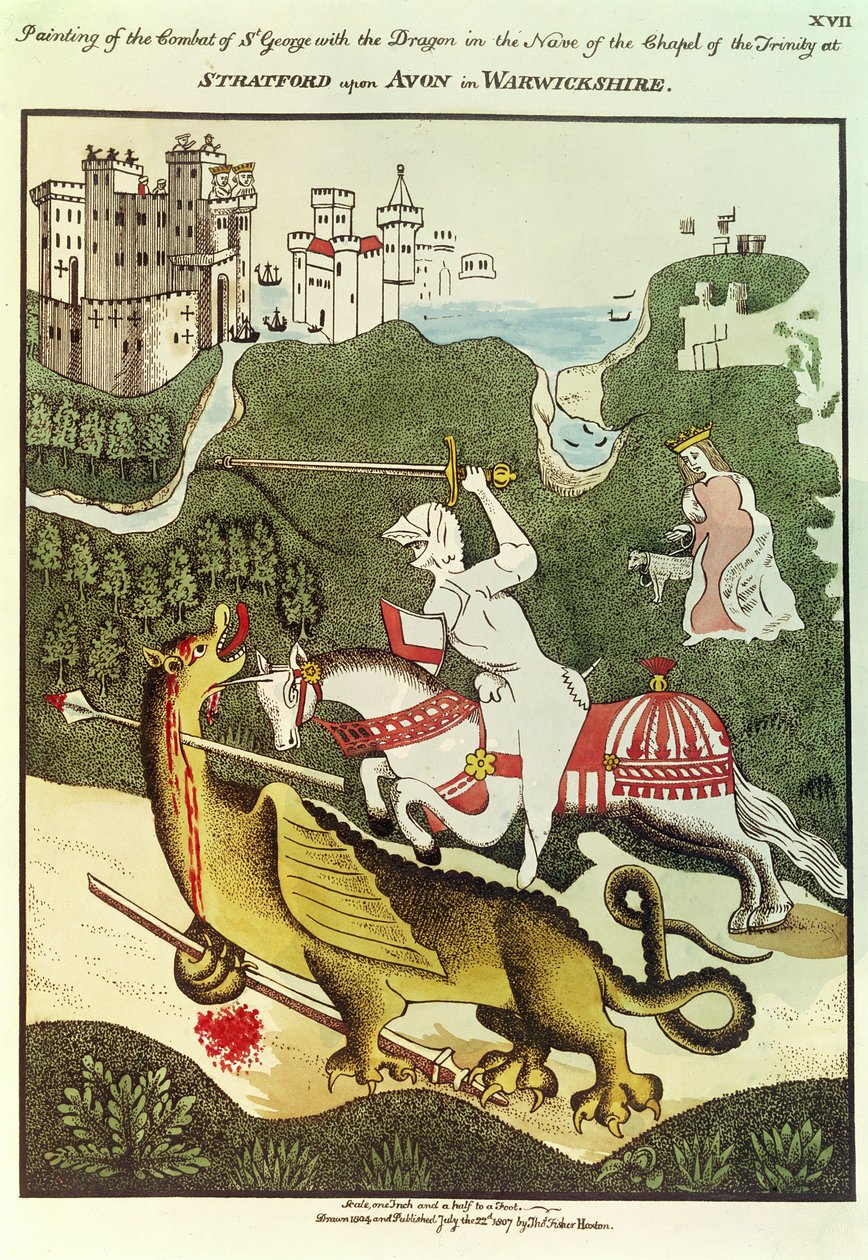 São Jorge e o Dragão, depois de uma pintura original na Capela da Trindade em Stratford Upon Avon, Warwickshire, 1804 de Thomas Fisher Hoxton