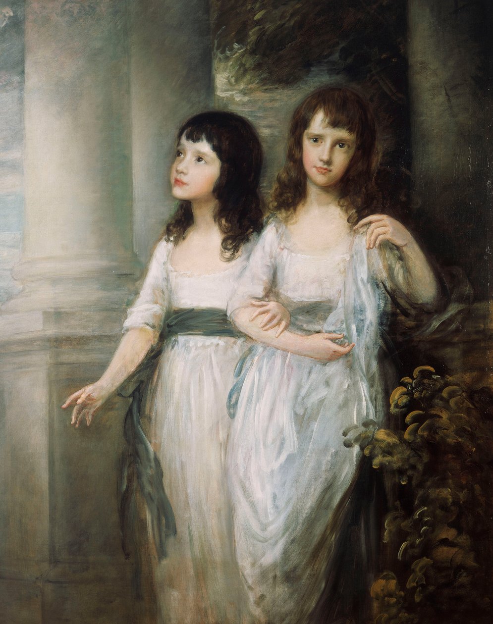 Um retrato de grupo das senhoras Sloper, ambos de pé quase todo em vestidos brancos com faixas azuis, de Thomas Gainsborough