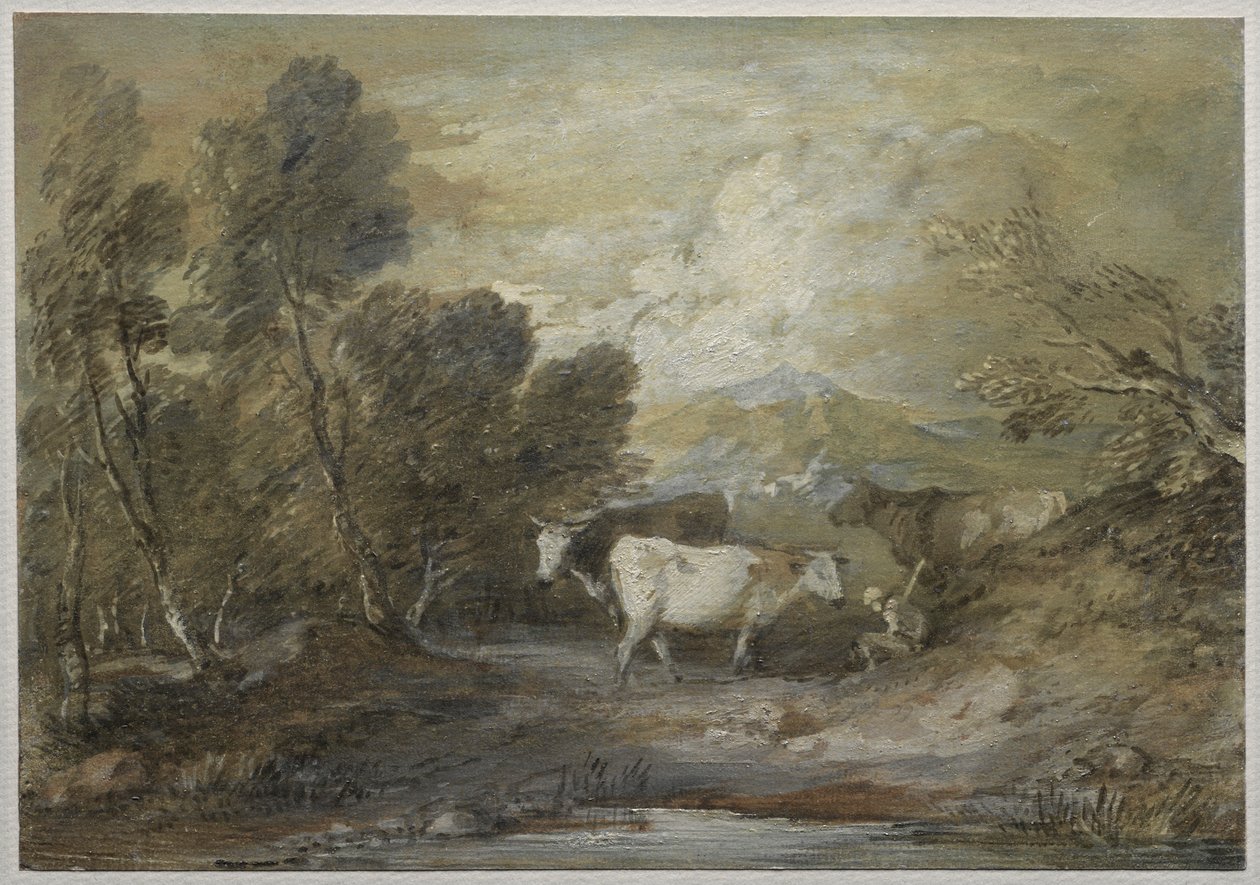 Um pastor com três vacas em uma piscina de montanha, em meados da década de 1780. de Thomas Gainsborough