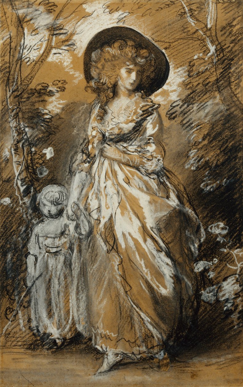 Uma senhora andando em um jardim, de pé e segurando seu filho pequeno pela mão; Possivelmente um estudo para o Richmond Water-Walk, de Thomas Gainsborough