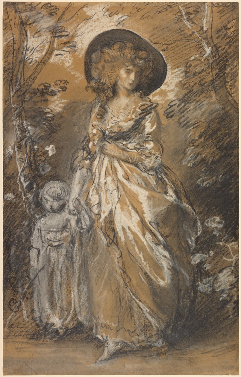 Uma senhora a passear num jardim com uma criança de Thomas Gainsborough