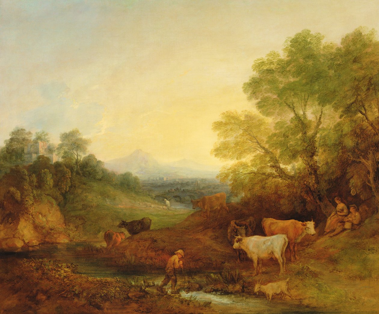 Uma paisagem com gado e figuras por um riacho e uma ponte distante, c.1772-4 (óleo sobre tela) de Thomas Gainsborough