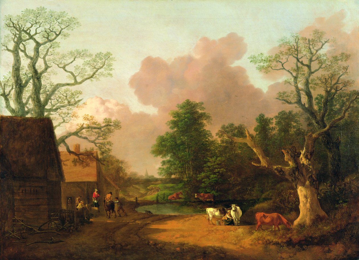 Uma paisagem com figuras, edifícios agrícolas e uma leiteira, c.1754-6 (óleo sobre tela) de Thomas Gainsborough