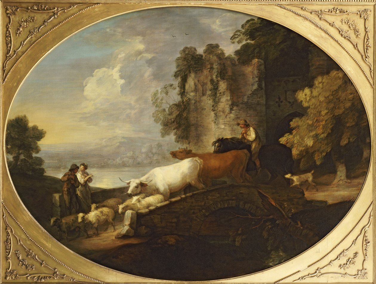 Uma paisagem do rio com amantes rústicos, um pastor montado dirigindo gado e ovelhas ao longo de uma ponte com um castelo em ruínas além de Thomas Gainsborough