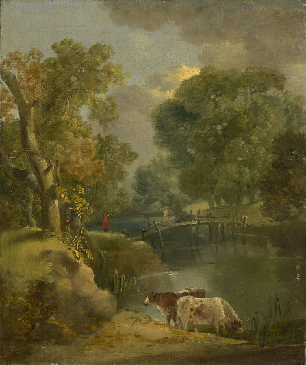 Uma paisagem do rio com duas vacas e uma figura em uma ponte, século XVIII de Thomas Gainsborough