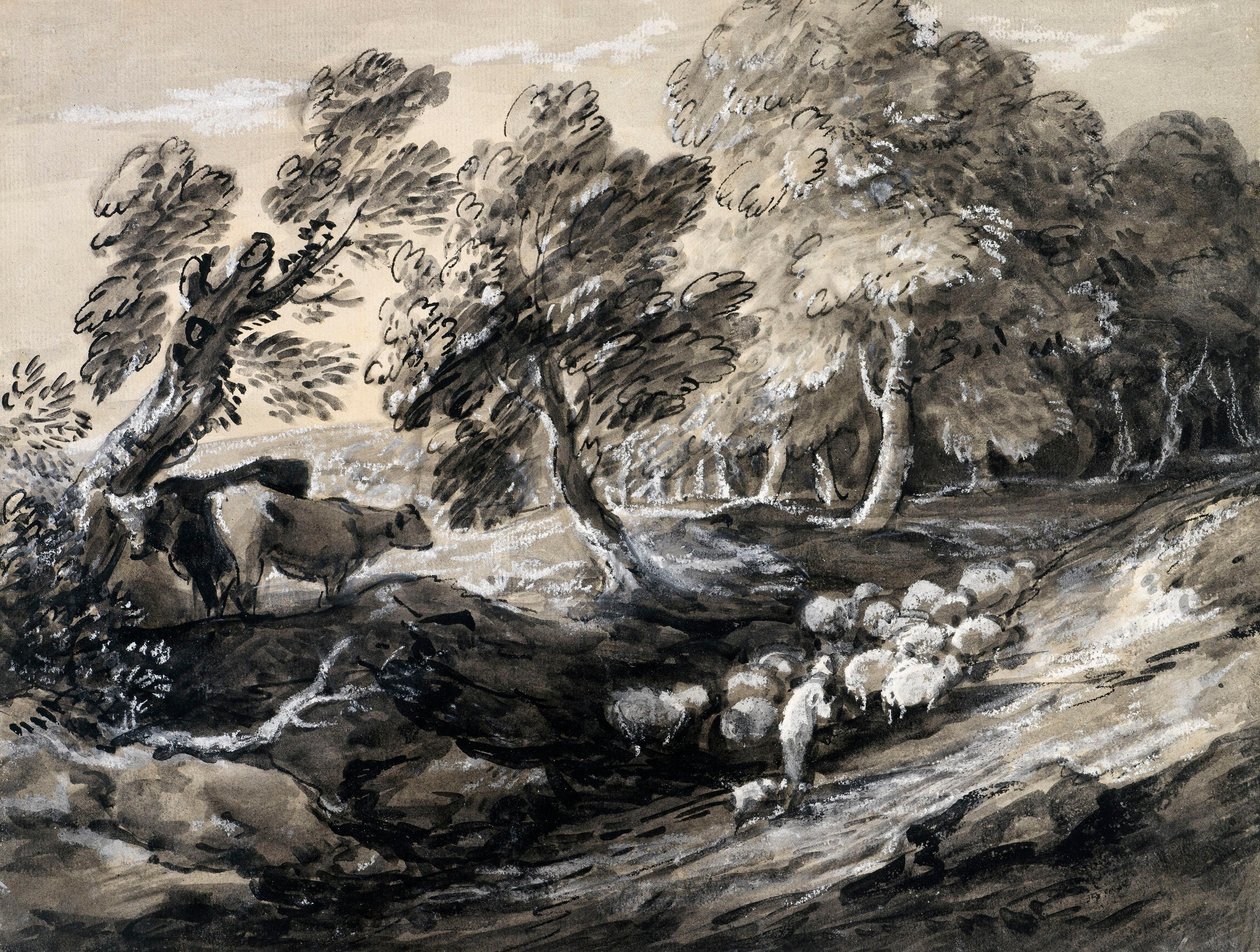 Um pastor a conduzir um rebanho de ovelhas através de um bosque de Thomas Gainsborough