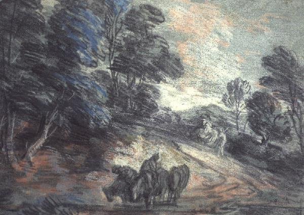 Uma Paisagem arborizada com Cavalos a Beber (pastel) de Thomas Gainsborough