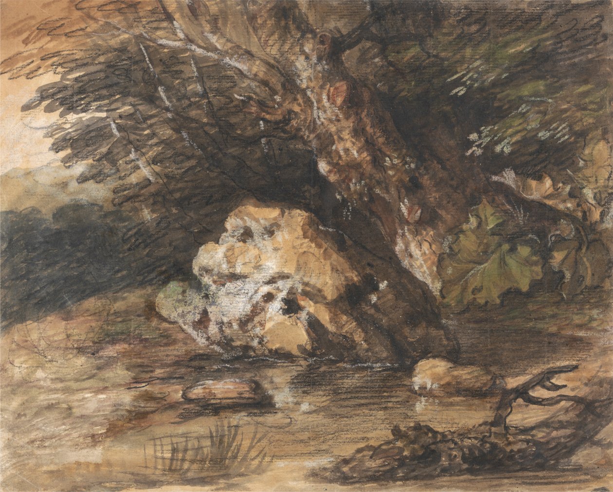 Uma piscina arborizada com rochas e plantas de Thomas Gainsborough