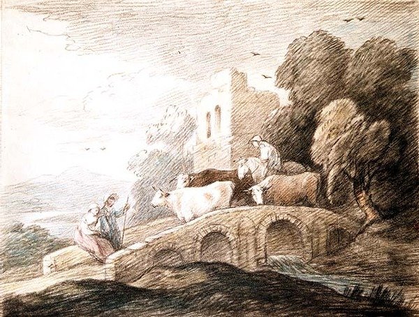 Uma ponte com gado passando por cima (desenho) de Thomas Gainsborough