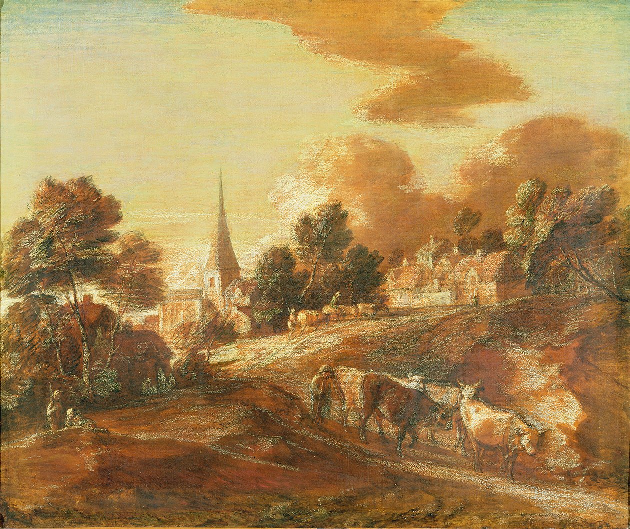 Uma aldeia arborizada imaginária com tropeiros e gado, c.1771-72 (óleo e mídia mista sobre papel sobre tela) de Thomas Gainsborough