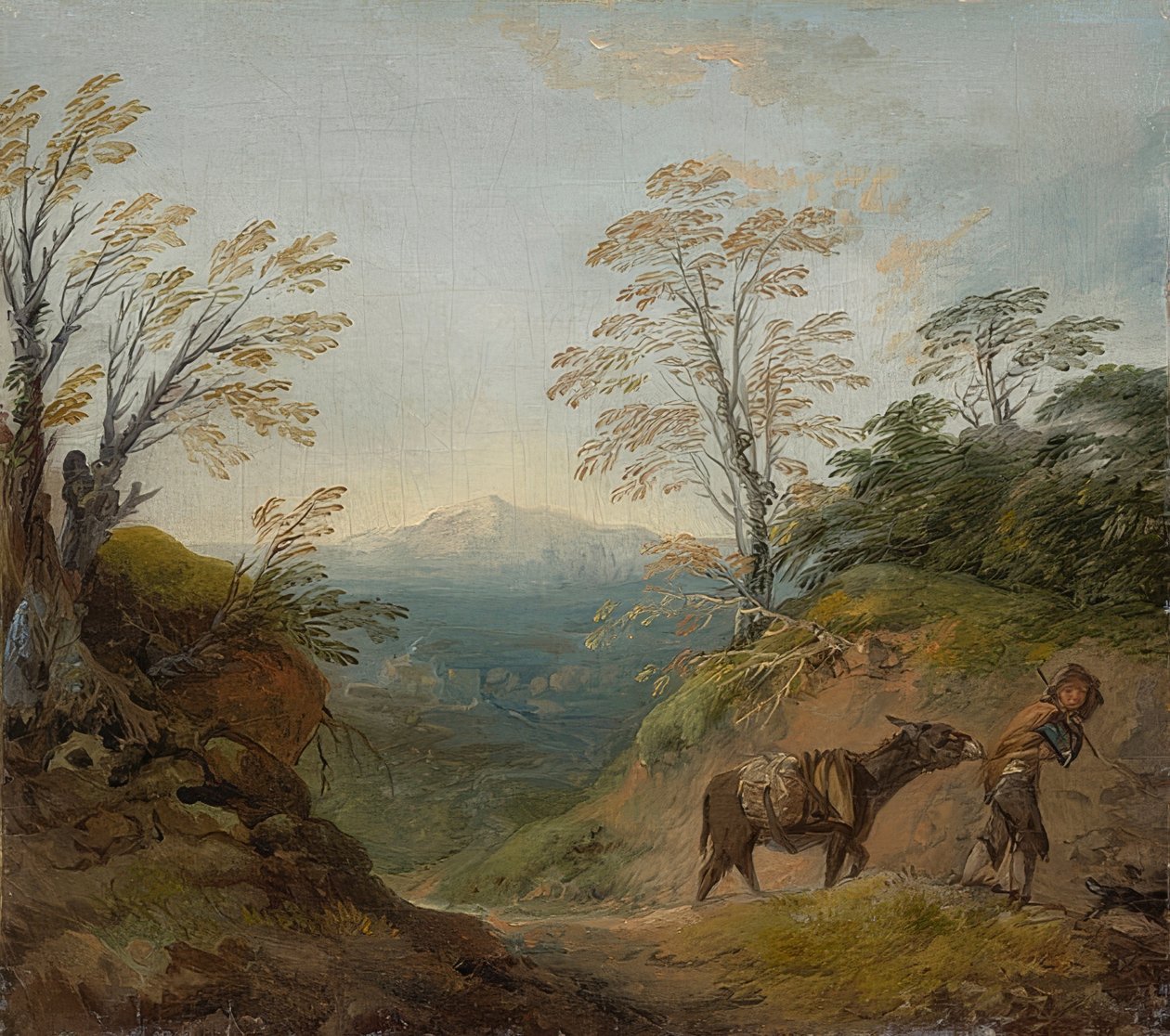 Paisagem arborizada com um garoto que leva um burro e um cachorro e um extenso panorama com prédios e colinas distantes. Início dos anos 1760 de Thomas Gainsborough