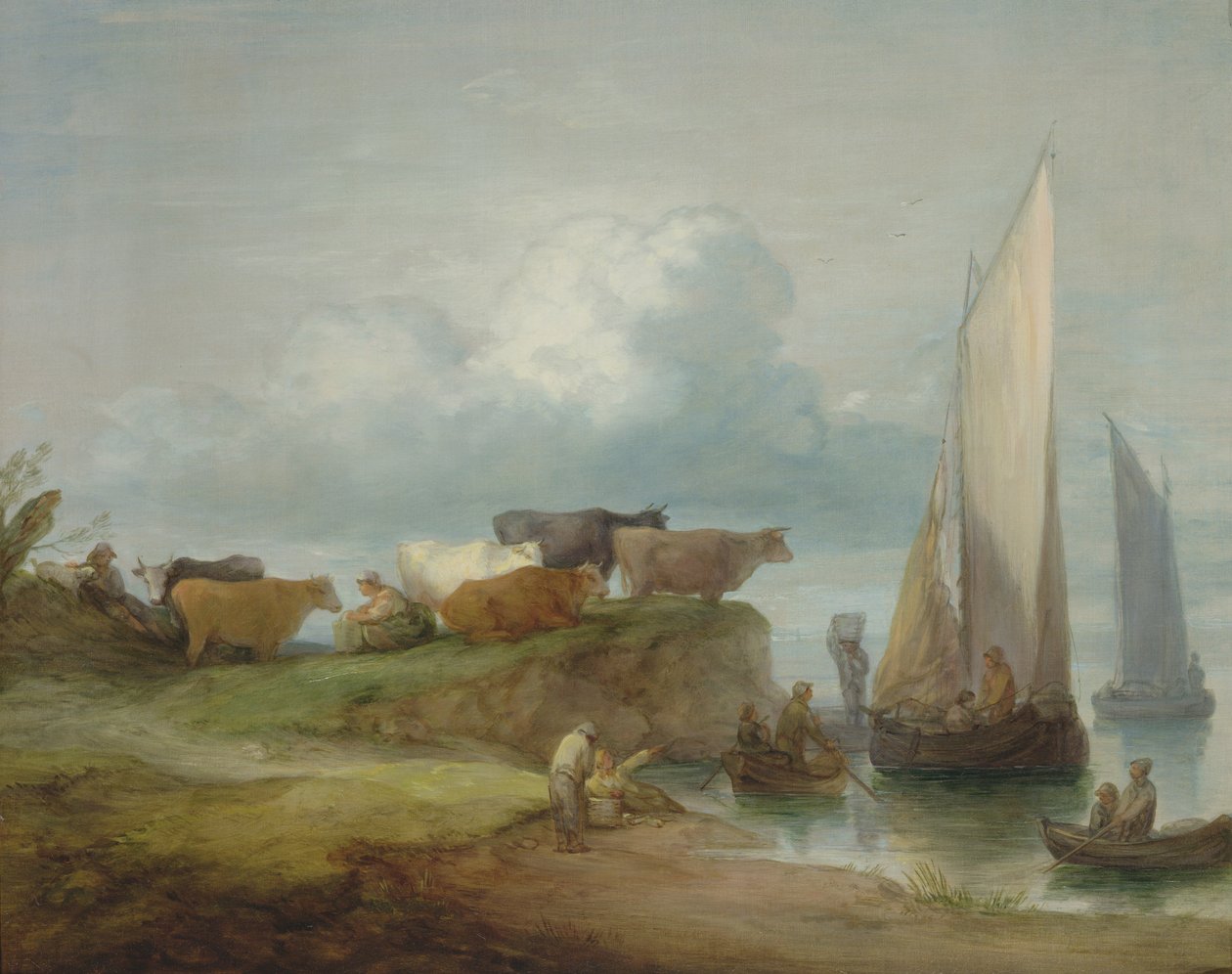 Gado em uma margem do rio com barcos à vela, 1780-84 de Thomas Gainsborough