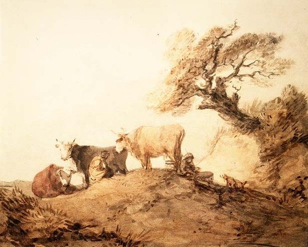 Gado com Condutores e um Cão debaixo de uma Árvore (aguarela) de Thomas Gainsborough
