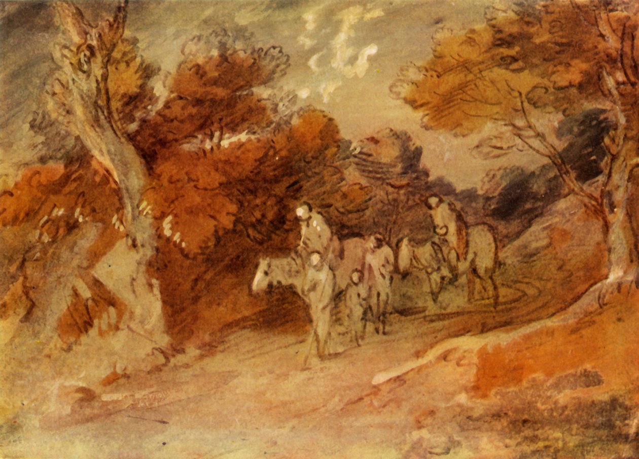 Figuras e cavalos em uma pista do país, meados do século XVIII, 1934. de Thomas Gainsborough