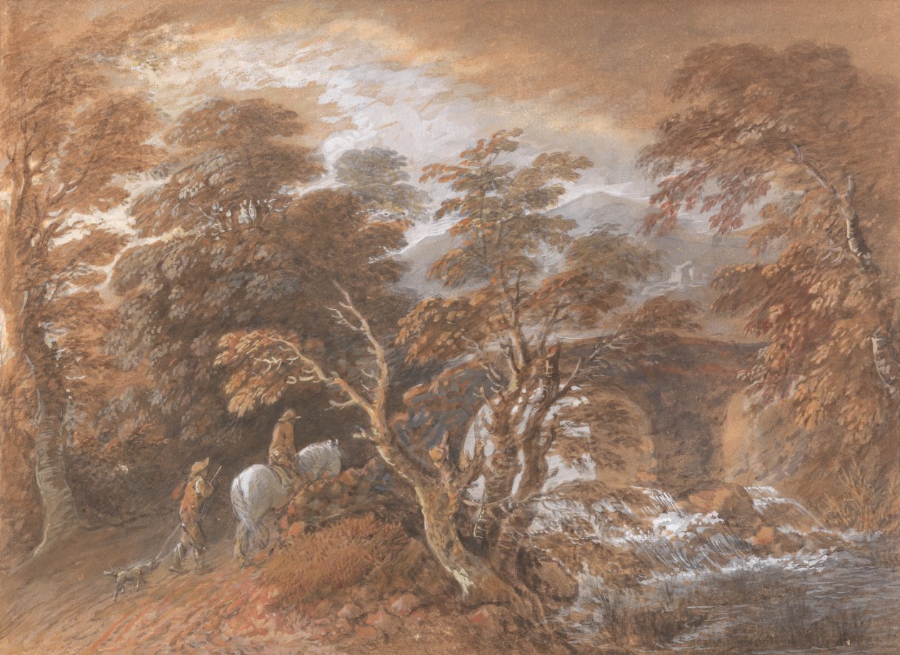 Paisagem montanhosa com figuras a aproximarem-se de uma ponte de Thomas Gainsborough