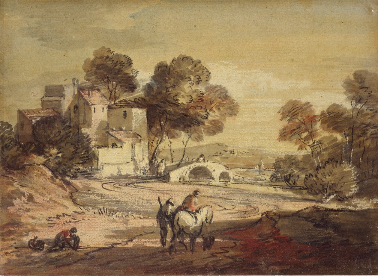 Paisagem italiana com viajantes em uma estrada sinuosa, 1775-1779 de Thomas Gainsborough