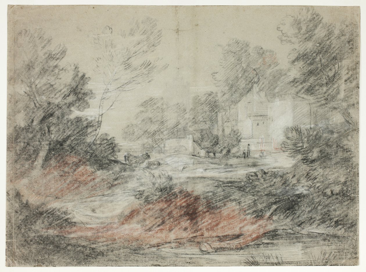 Paisagem com edifícios por um córrego de Thomas Gainsborough