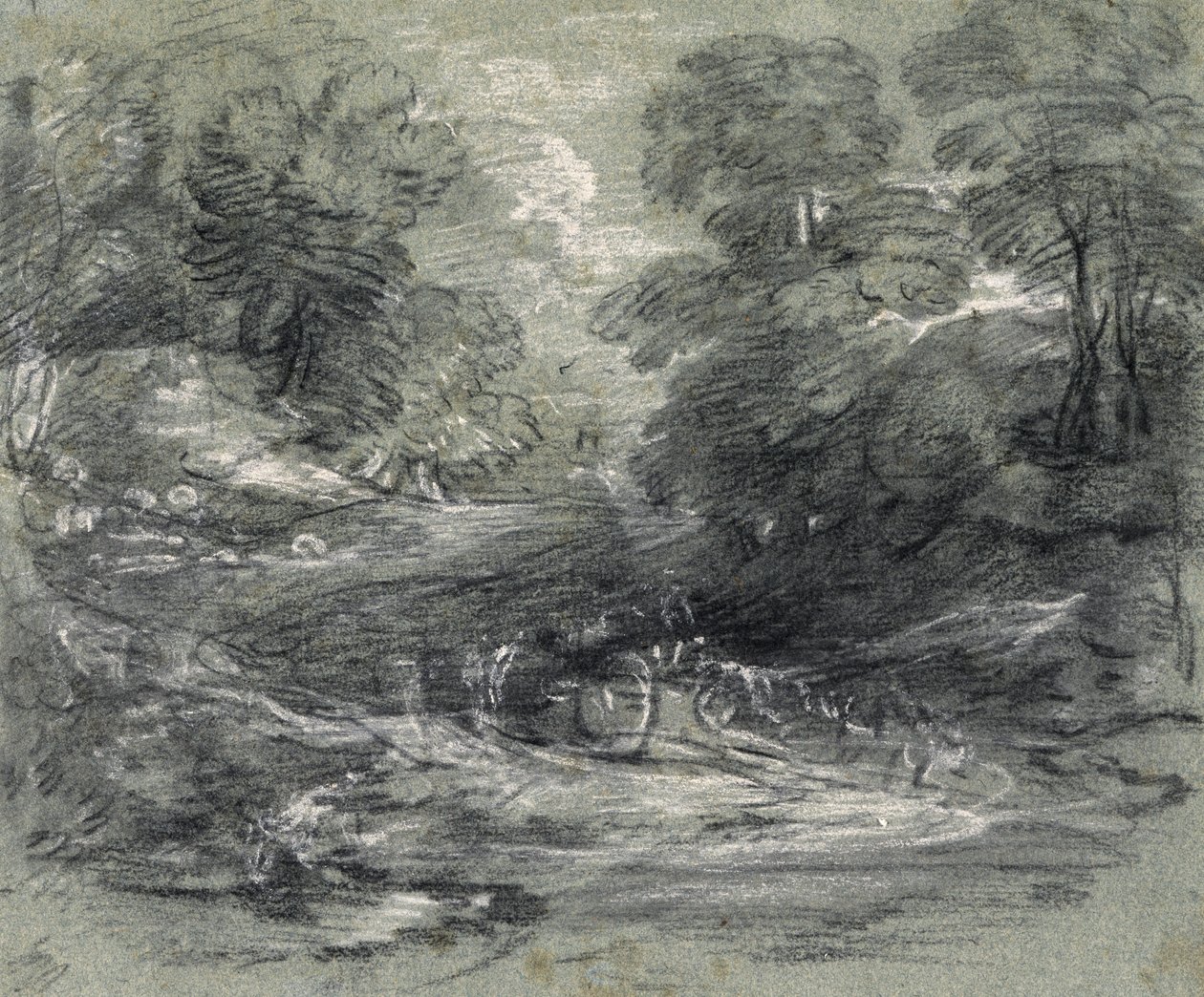 Paisagem com carroça agrícola num caminho sinuoso entre árvores (carvão e guache sobre papel) de Thomas Gainsborough