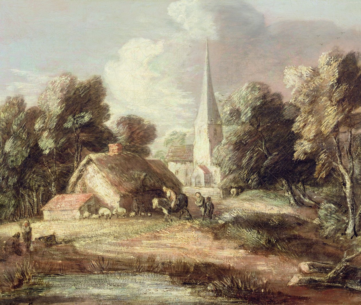 Paisagem com Igreja, Casa de Campo, Aldeões e Animais, c.1771-2 (óleo sobre tela com giz preto) de Thomas Gainsborough