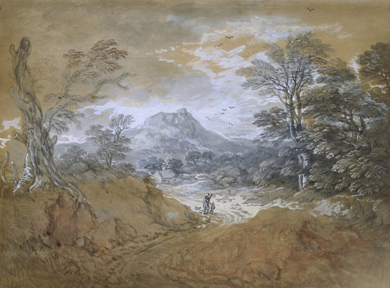 Paisagem com uma estrada à beira de uma floresta, 1760-65 (aquarela e bodycolour sobre indicações fracas em grafite sobre papel pardo) de Thomas Gainsborough
