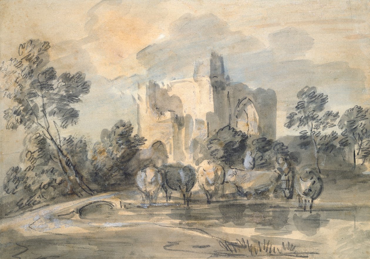Paisagem com um castelo em ruínas e gado à beira de uma piscina, década de 1770 de Thomas Gainsborough