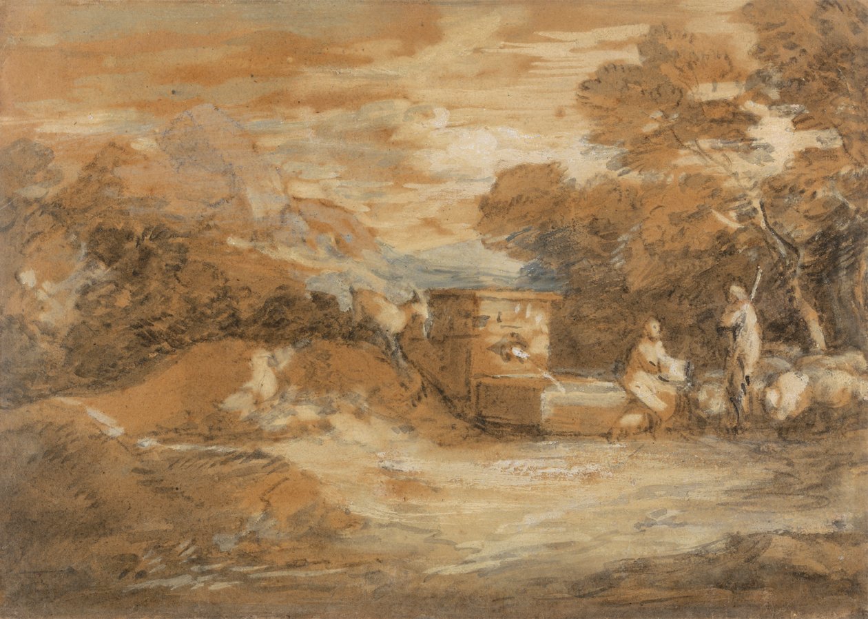 Paisagem de montanha com figuras, ovelhas e fontes de Thomas Gainsborough