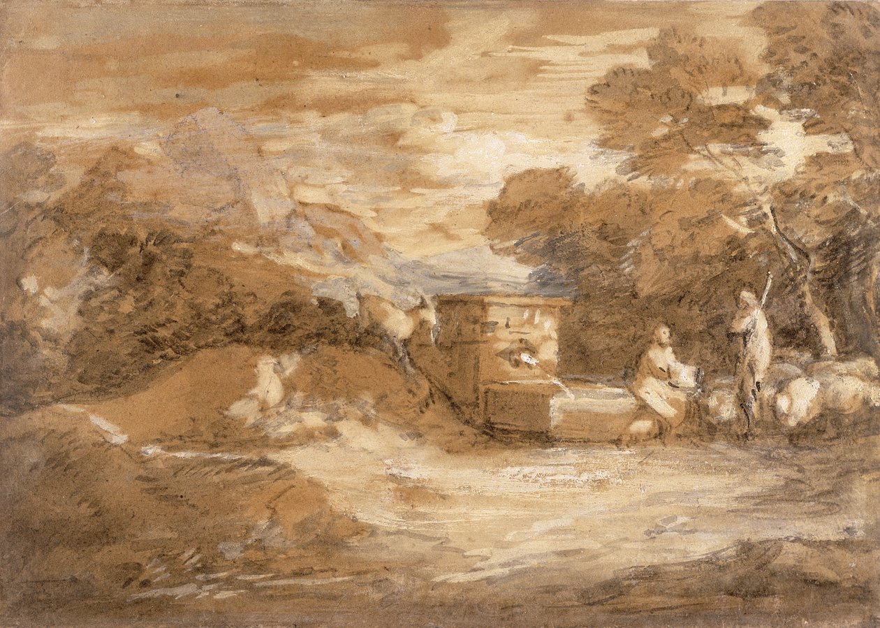 Paisagem montanhosa com figuras, ovelhas e fonte, c.1785-88 (lavagem cinza, óleo e giz preto em papel vegetal) de Thomas Gainsborough