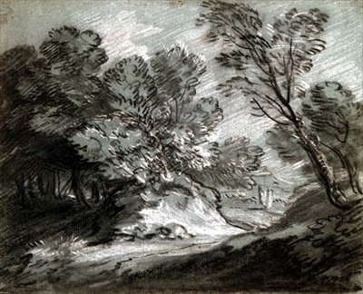 No.0975 Paisagem arborizada com uma montanha distante (giz sobre papel azul) de Thomas Gainsborough