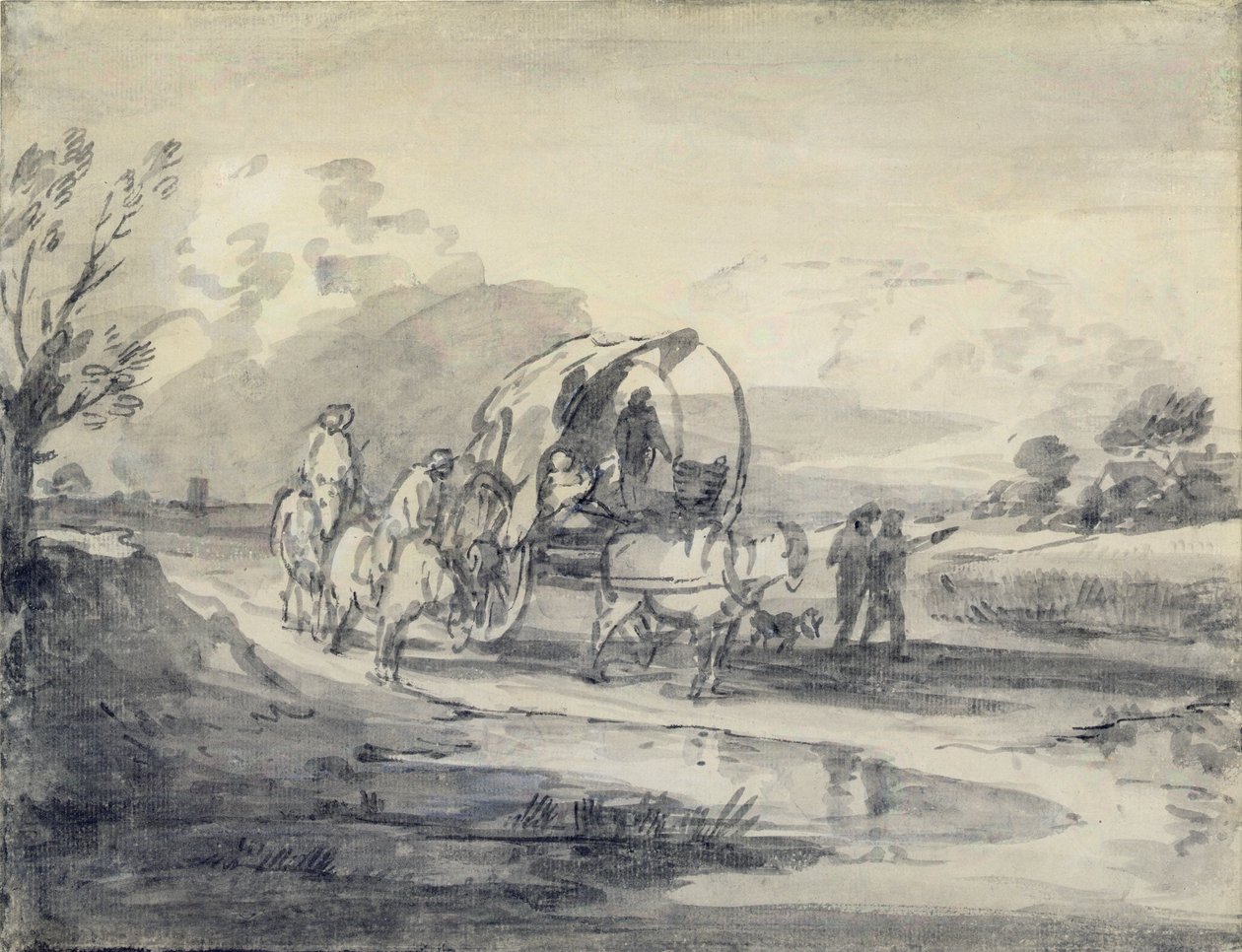 Paisagem aberta com pastor e carro coberto, c.1780-85 (cinza e preto lavagem e giz colocado no papel) de Thomas Gainsborough