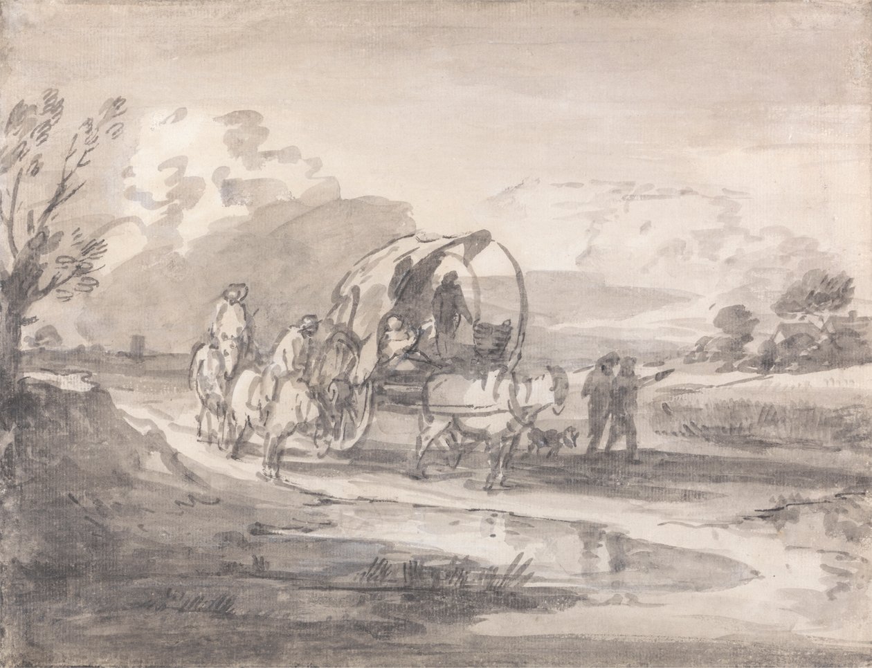 Paisagem Aberta com Cavaleiros e Carrinho Coberto de Thomas Gainsborough