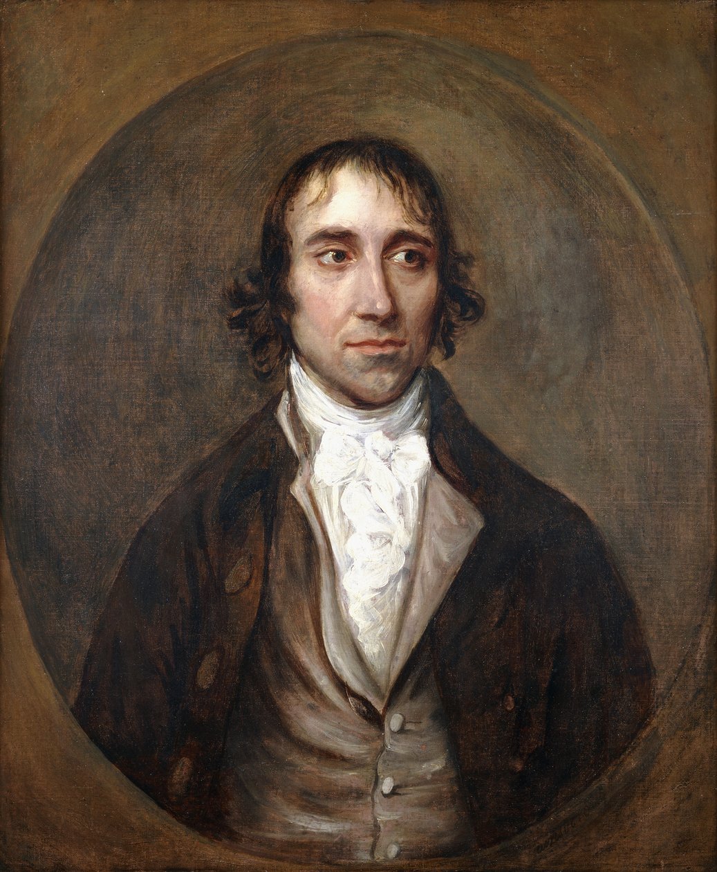 Retrato de John Gainsborough, irmão do artista, comprimento do busto, em uma jaqueta marrom e colete e calção branco, de Thomas Gainsborough