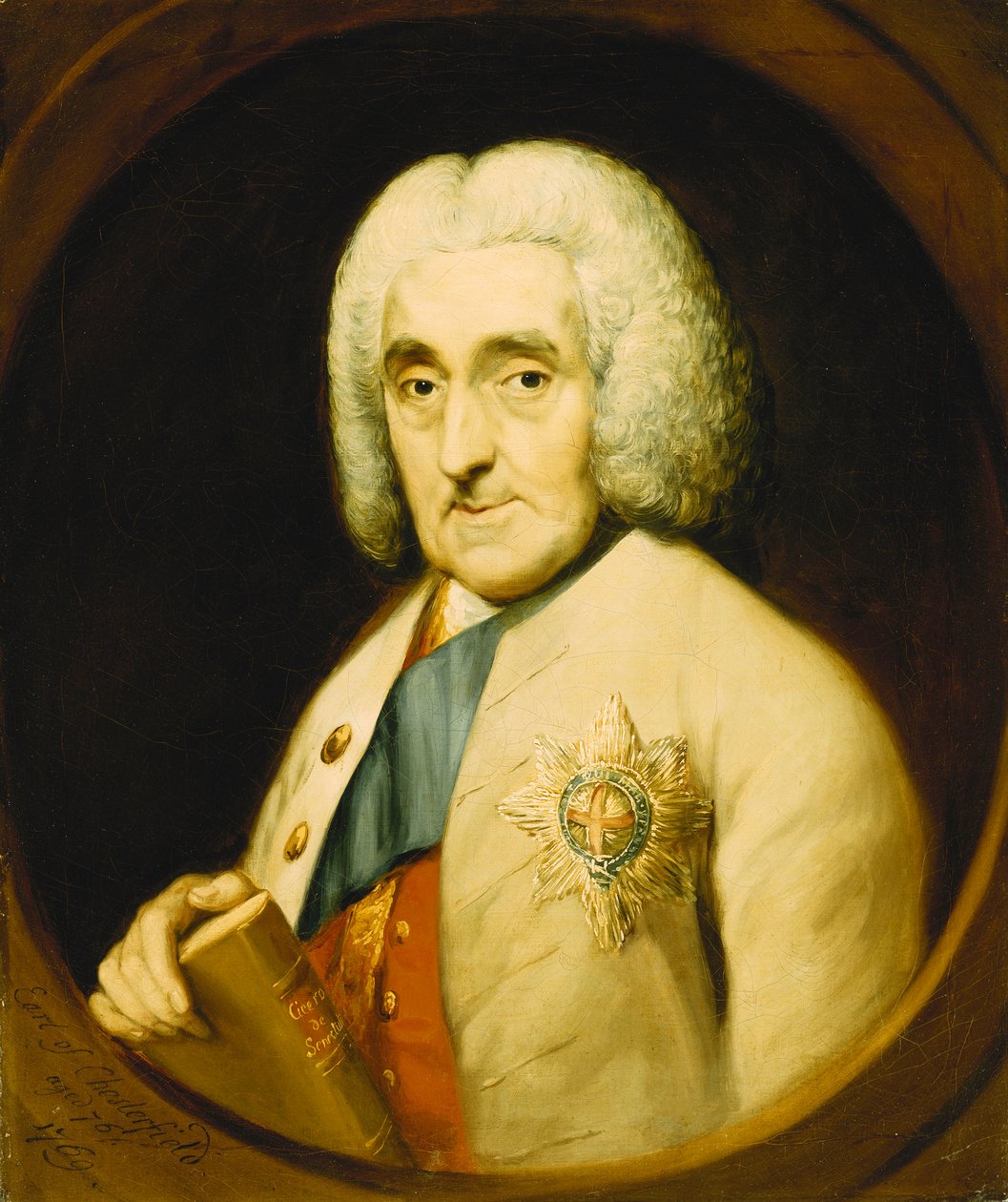 Retrato de Lord Chesterfield, comprimento do busto, vestindo a ordem da liga, segurando um livro, em um Oval pintado, 1769 de Thomas Gainsborough