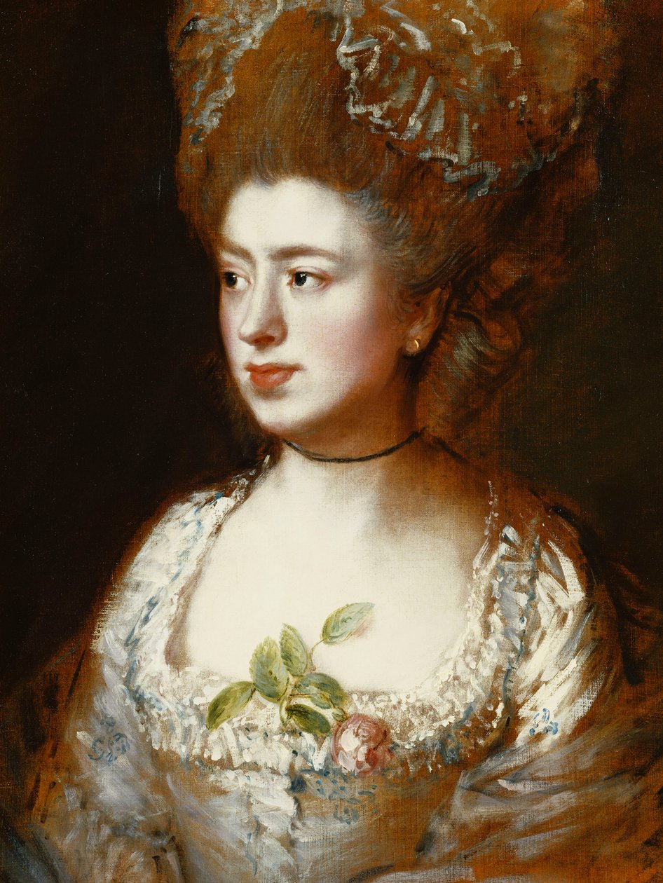 Retrato de Miss Mary Gainsborough, mais tarde Sra. Fischer, filha, cabeça e ombros do artista, de frente para a direita, usando um vestido azul e branco com uma rosa rosa no corpete, de Thomas Gainsborough
