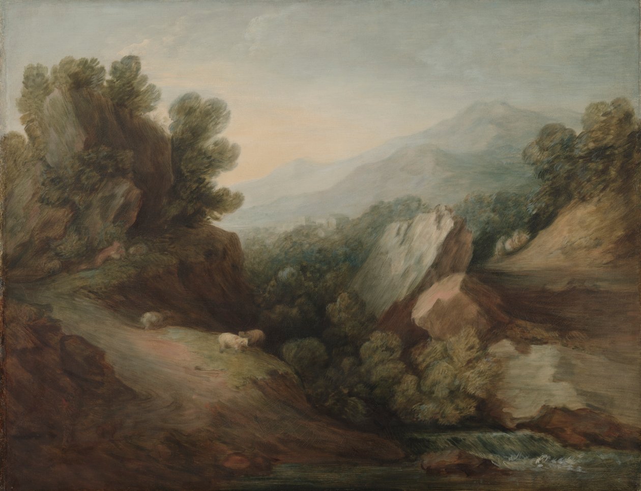 Paisagem rochosa e arborizada com um Dell e Weir de Thomas Gainsborough