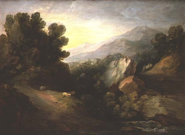 Paisagem arborizada rochosa com ovelhas junto a uma queda de água de Thomas Gainsborough