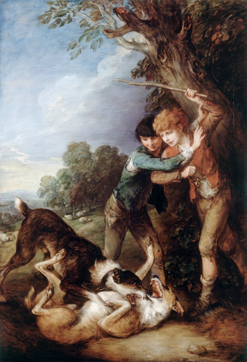 Dois Shepherd Boys with Dogs Fighting (óleo sobre tela) de Thomas Gainsborough
