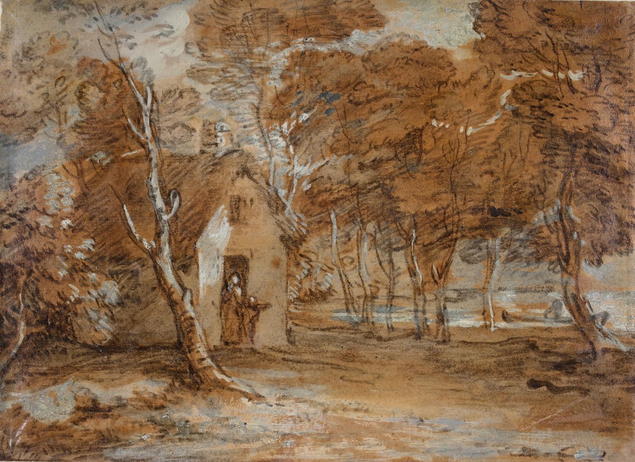 Paisagem arborizada, casa de campo, figuras e barco no lago, 1783-1785. de Thomas Gainsborough