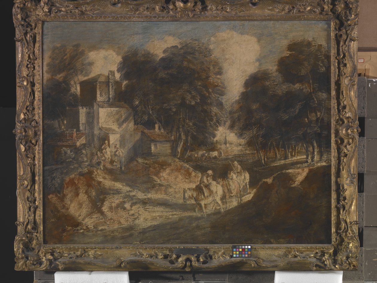 Paisagem arborizada com camponeses montados (tinta, chumbo branco, e guache sobre papel montado sobre tela) de Thomas Gainsborough