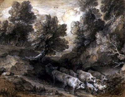 Paisagem arborizada com Gado e Cabras, c.1768-72 (giz preto e branco sobre papel) de Thomas Gainsborough