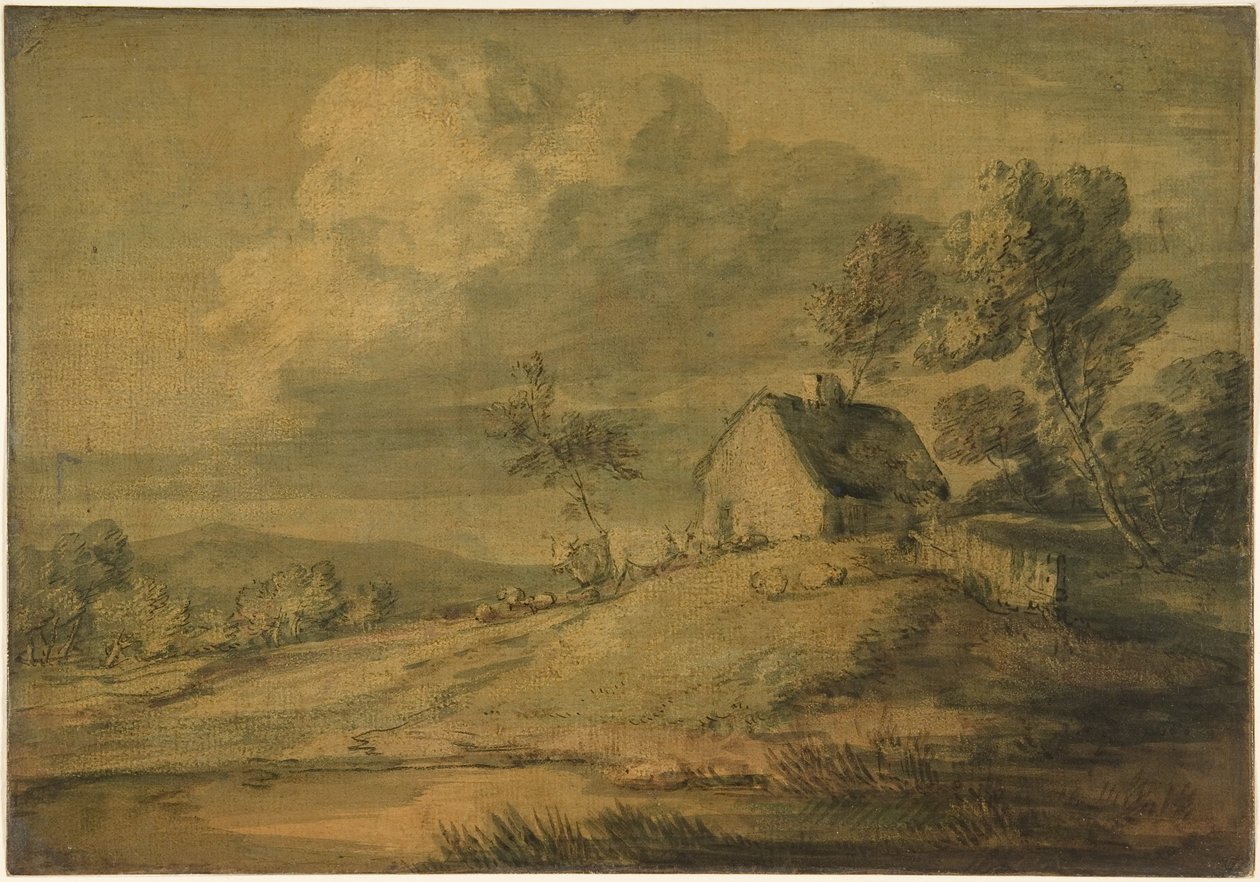 Paisagem arborizada com casa de campo, vacas e ovelhas de Thomas Gainsborough