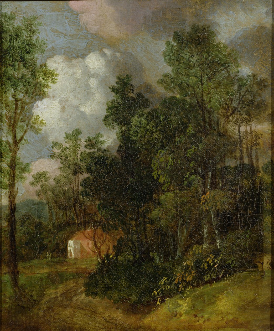 Paisagem arborizada com casa de campo e duas figuras, c.1752 (óleo sobre tela colocado sobre tela) de Thomas Gainsborough