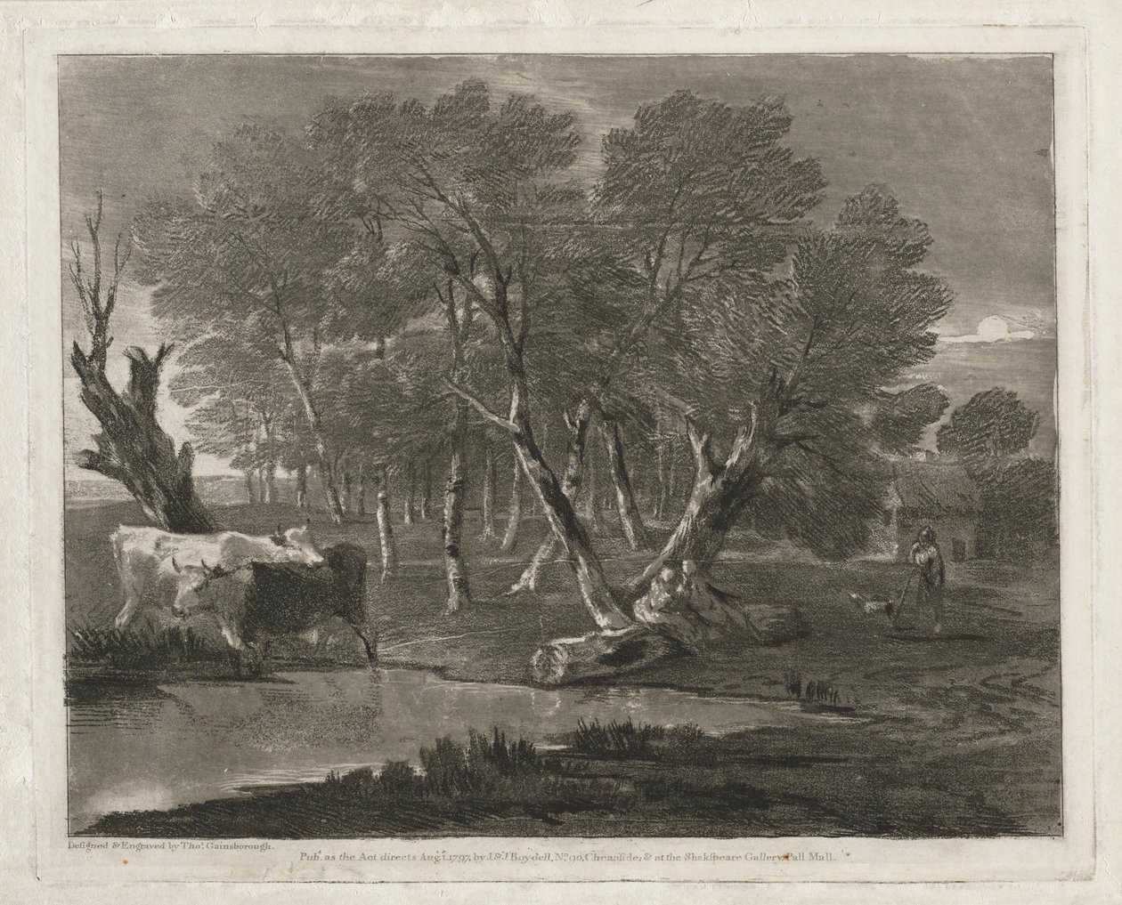 Paisagem arborizada com vacas ao lado de uma piscina, figuras e casa de campo de Thomas Gainsborough
