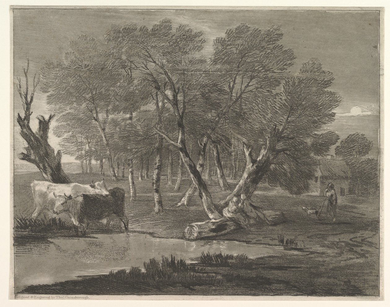Paisagem arborizada com vacas ao lado de uma piscina, figuras e casa de campo, 1775-80. de Thomas Gainsborough