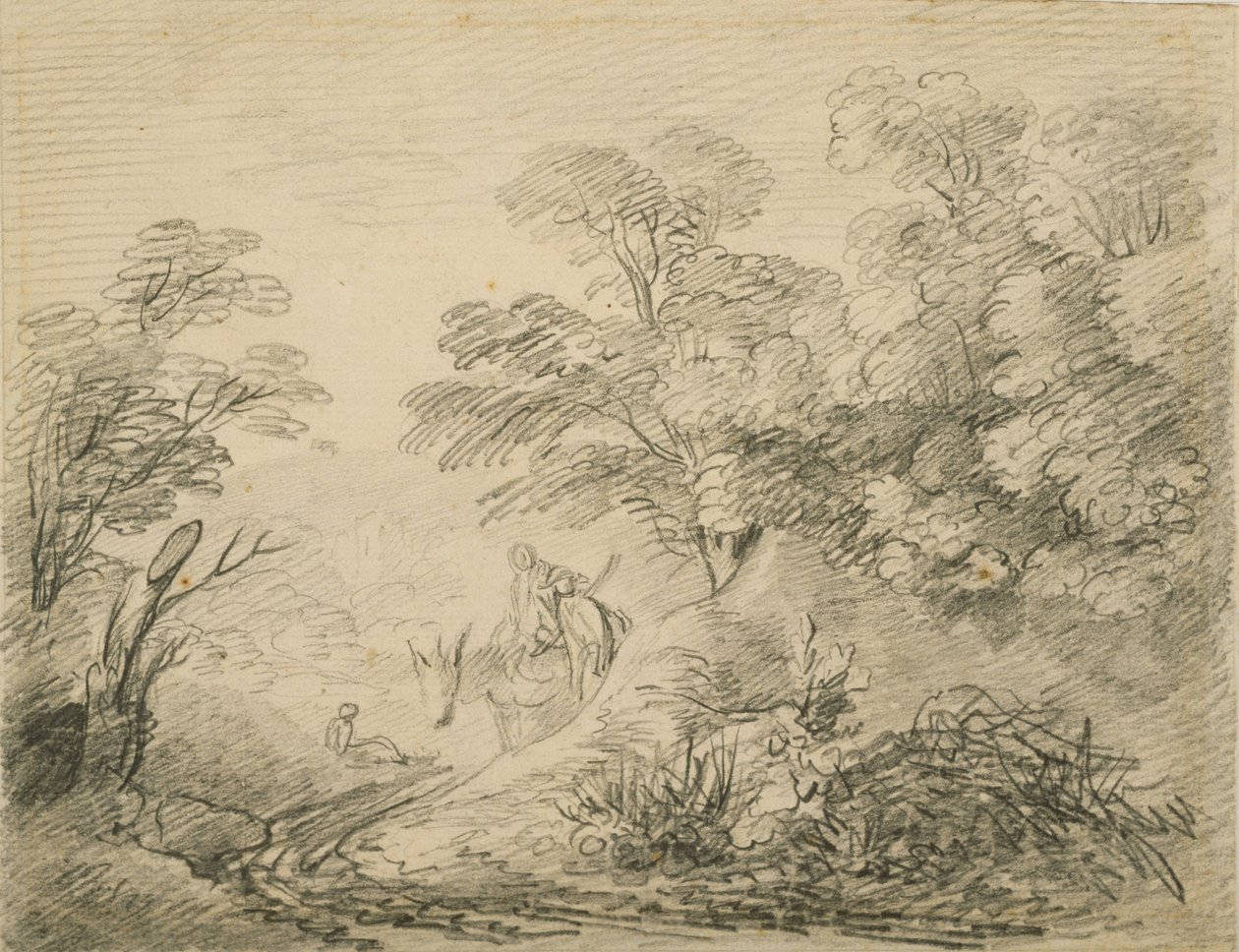 Paisagem arborizada com burro e figuras, c.1759 (grafite sobre papel) de Thomas Gainsborough