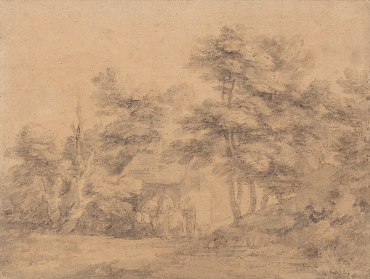 Paisagem arborizada com figuras, burros e casa de campo de Thomas Gainsborough