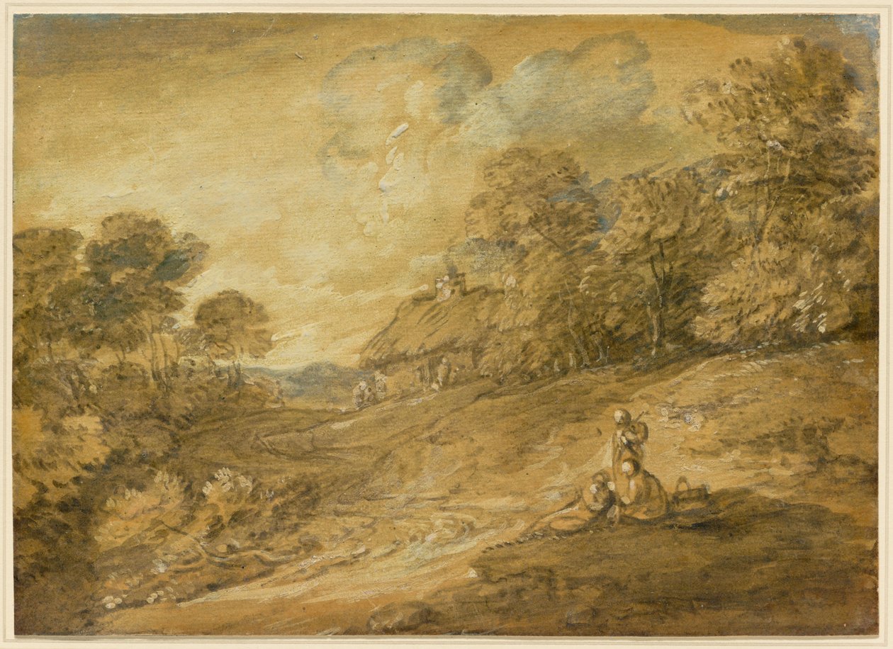 Waldlandschaft mit Figuren und gewundenem Pfad zu einem Cottage de Thomas Gainsborough