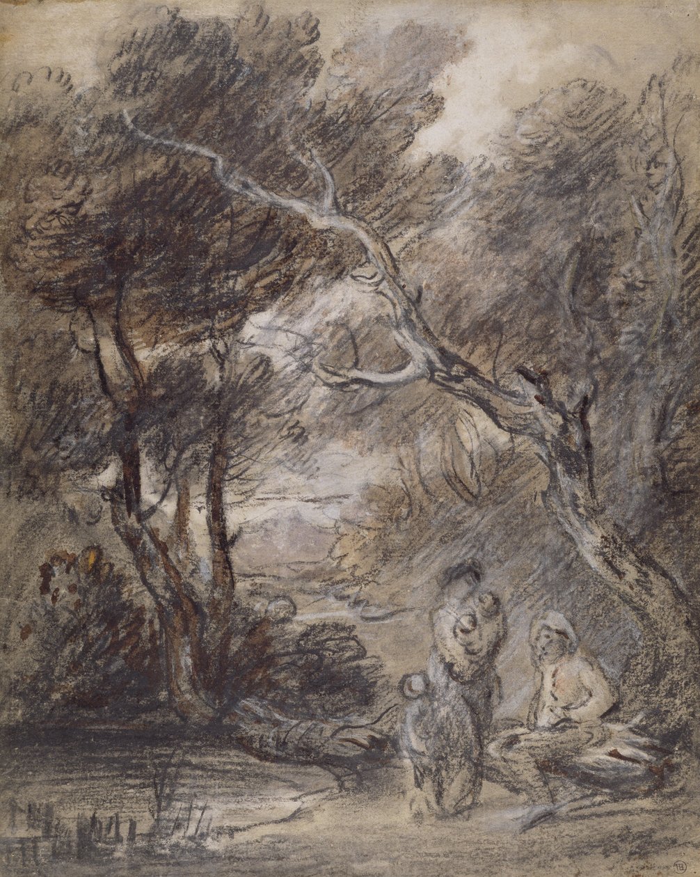Paisagem arborizada com figuras, c.1788 (giz, tinta e guache sobre papel) de Thomas Gainsborough