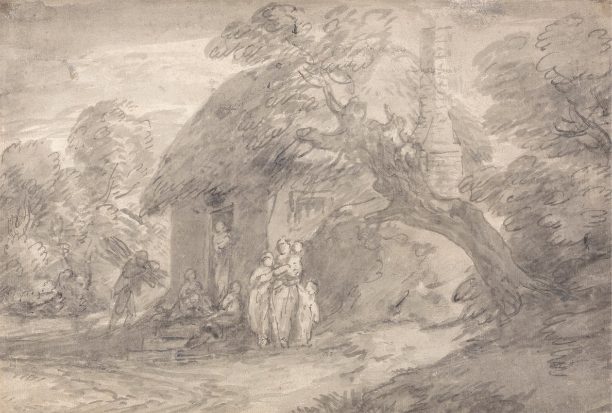 Paisagem arborizada com figuras fora de uma porta de casa de campo de Thomas Gainsborough