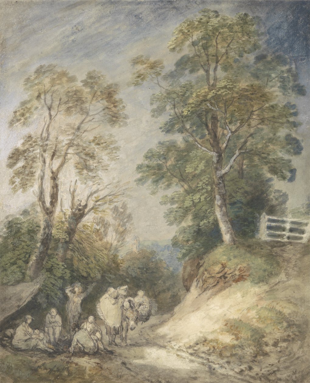 Paisagem arborizada com acampamento cigano, c.1760-65 (aquarela e guache sobre lápis e giz no papel) de Thomas Gainsborough