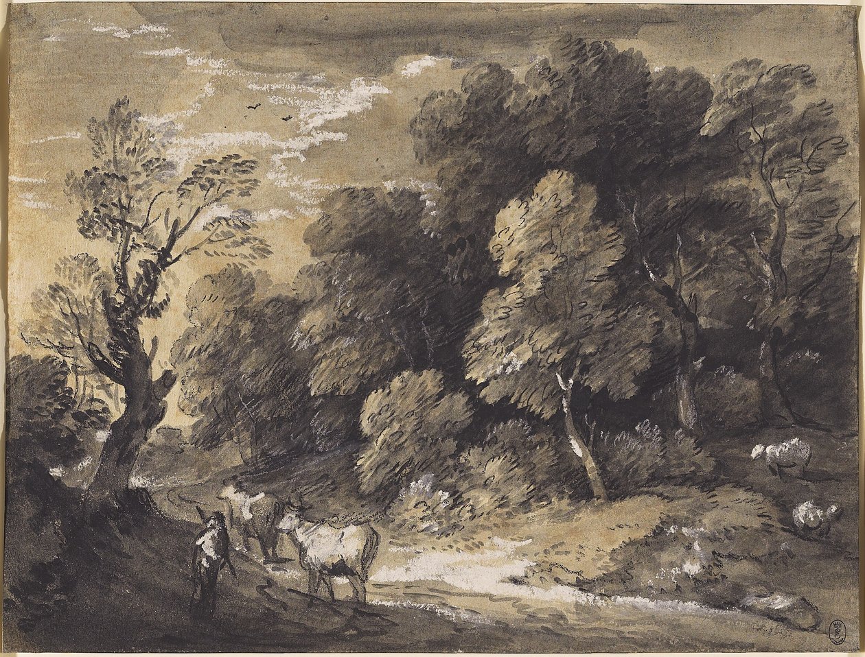 Paisagem arborizada com pastor e gado, c.1775-80 (giz preto e cinza-preto lavagens, aumentada com guache branco sobre papel colocado) de Thomas Gainsborough